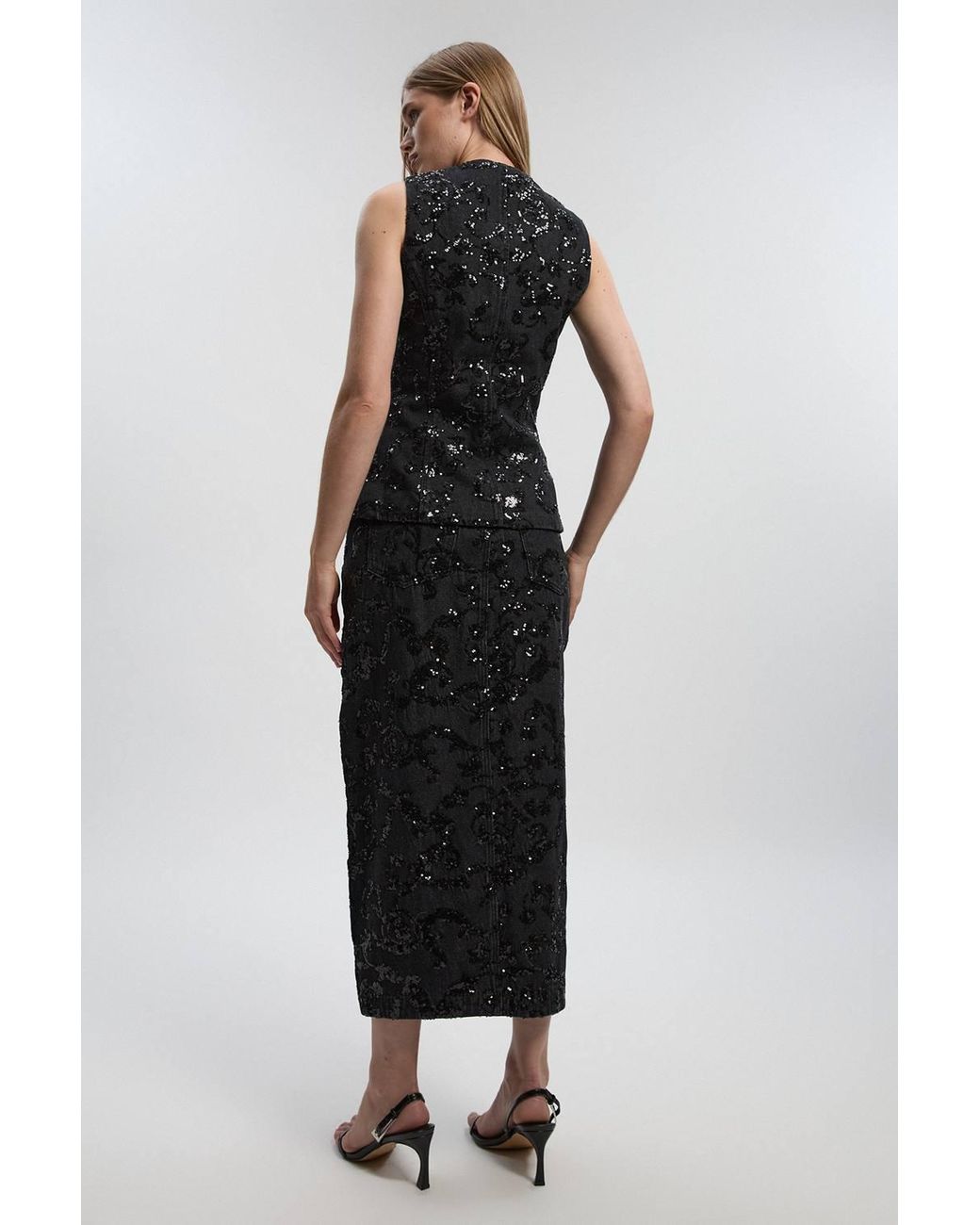 Karen Millen Black Sequin Denim Pencil Skirt