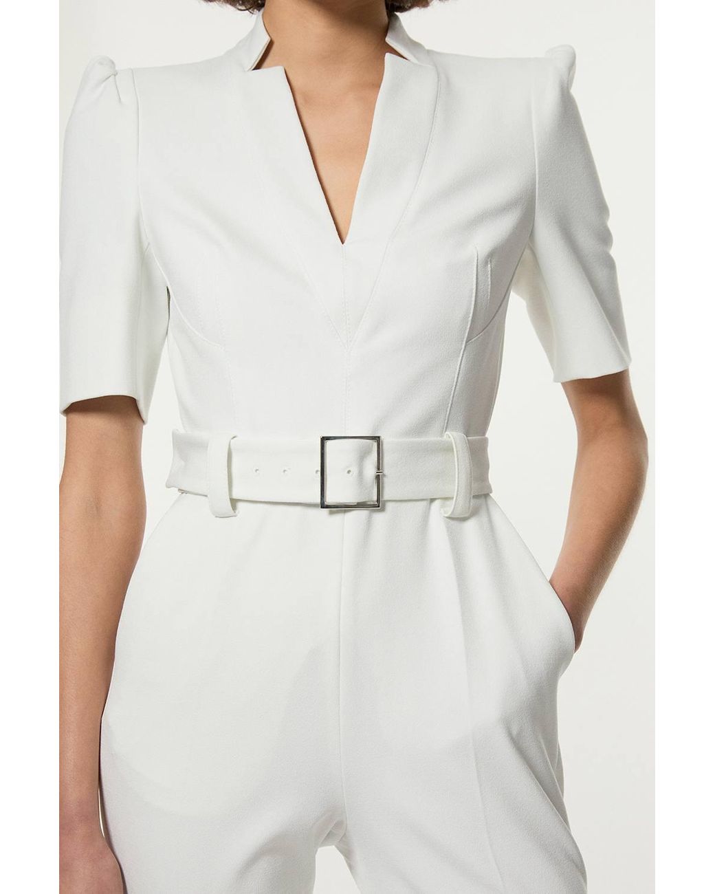 Karen Millen White Petite Forever Structured Crepe Belted Jumpsuit