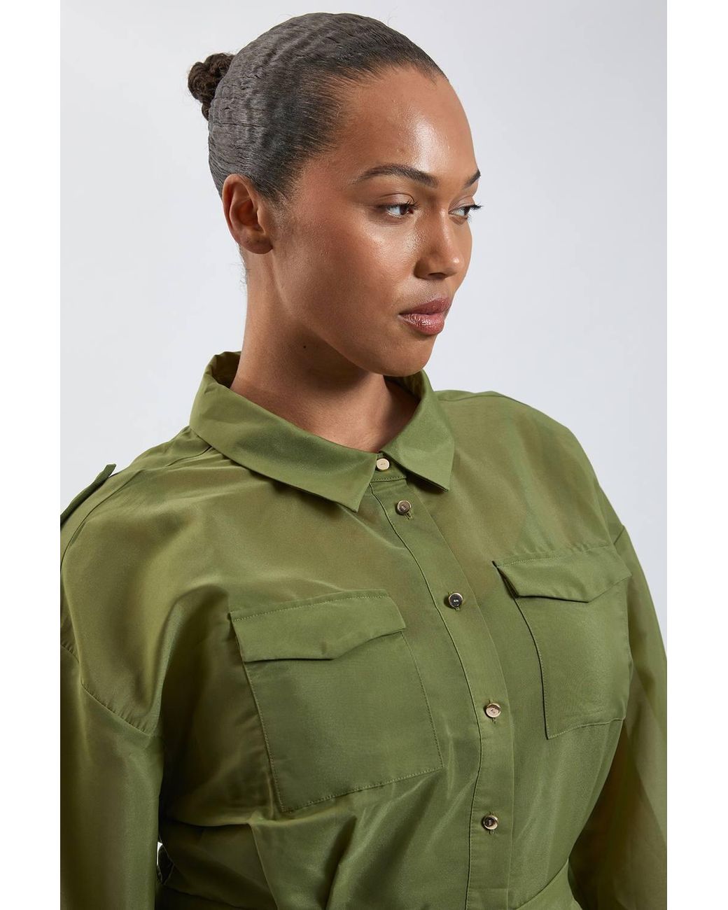 Karen Millen Green Plus Size Trim Detail Organdie Midi Shirt Dress