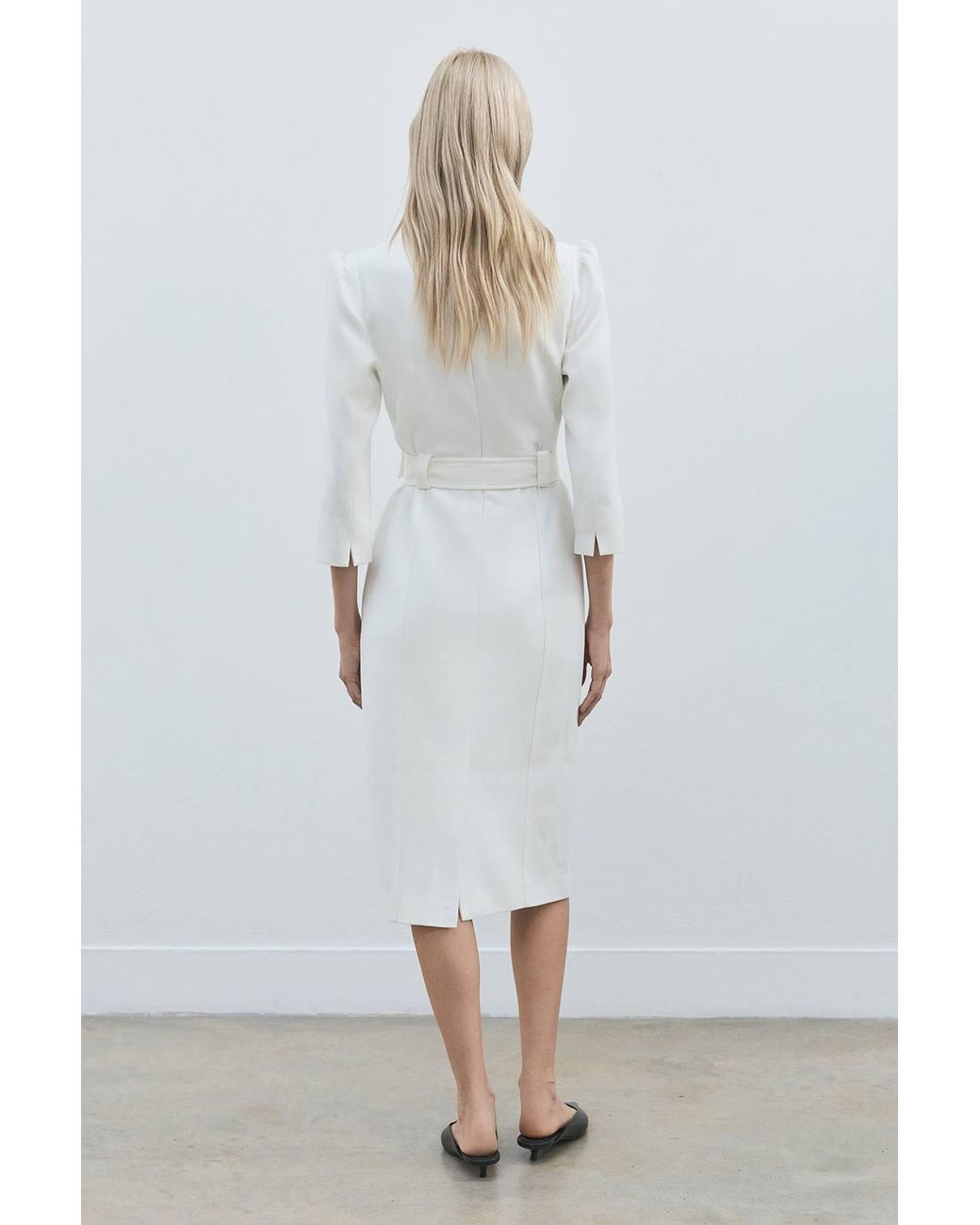Karen Millen White Petite Forever Structured Crepe Belted Forever Midi Dress