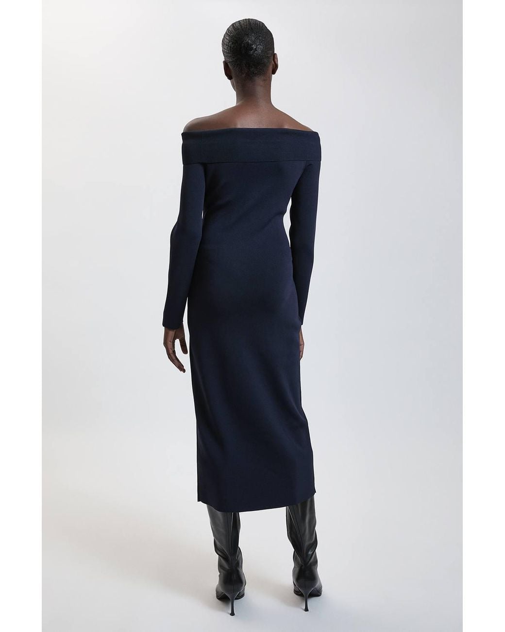 Karen Millen Blue Twist Front Viscose Knitted Bardot Midi Dress