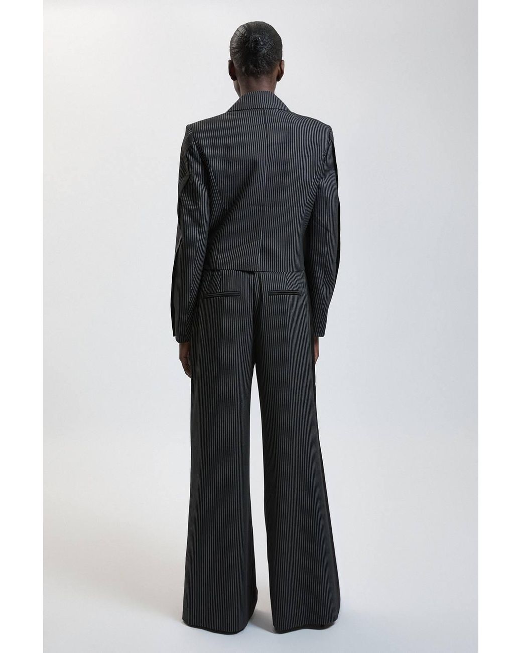 Karen Millen Blue Pinstripe Satin Mix Tailored Wide Leg Trouser