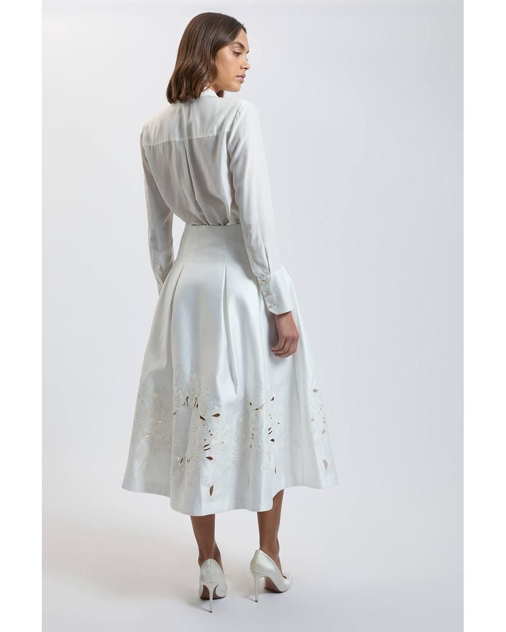 Karen Millen White Tailored Satin Cutwork Full Skirt