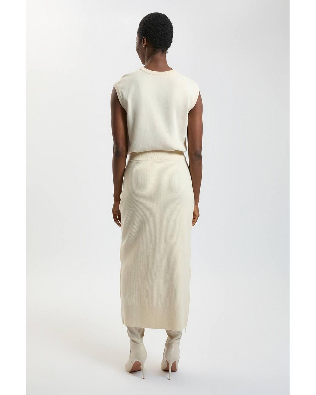 Karen Millen Natural Wool Look Side Split Detail Knit Midi Skirt