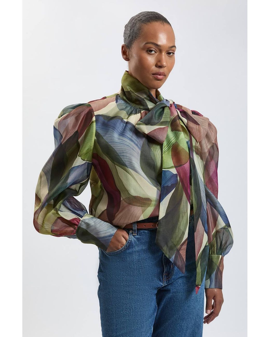 Karen Millen Multicolor Plus Size Petal Print Organza Pussybow Blouse