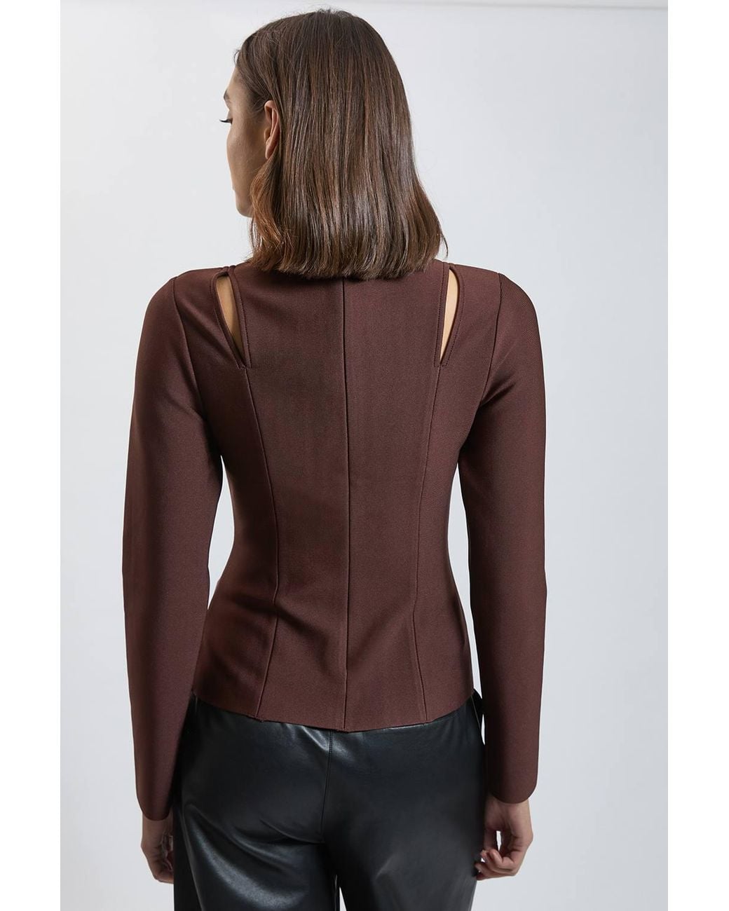 Karen Millen Brown Bandage Figure Form Cut Out Knitted Long Sleeved Top