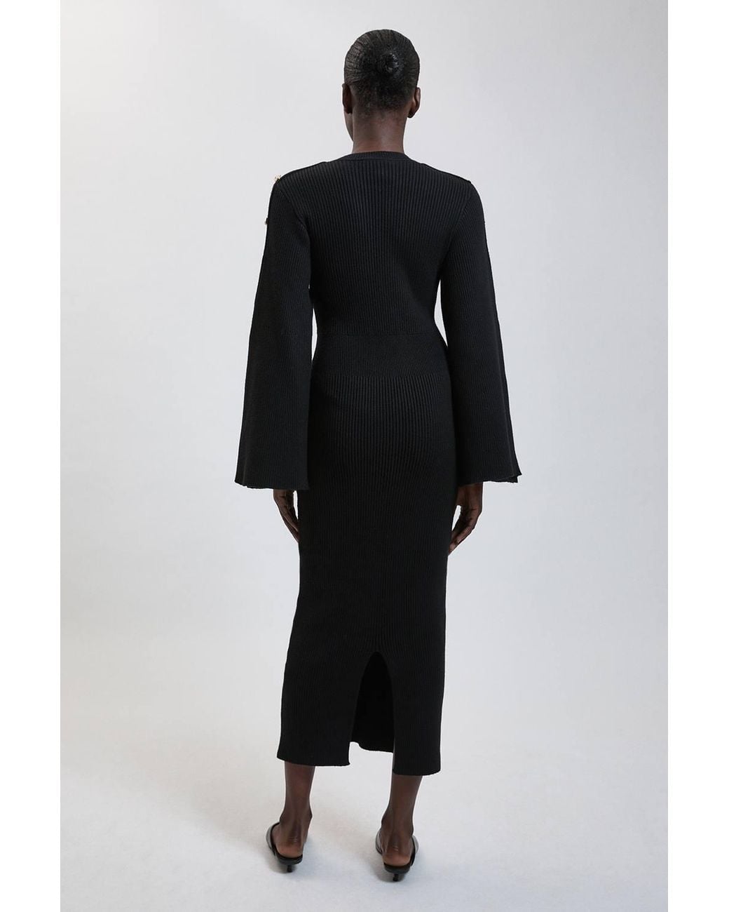Karen Millen Black Military Button Up Sleeved Knitted Midi Dress