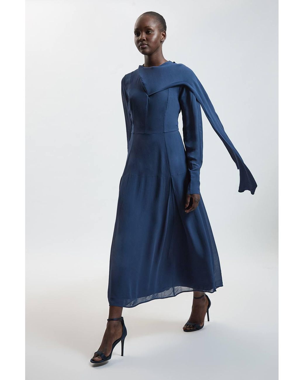 Karen Millen Blue Scarf Detail Viscose Woven Midi Dress