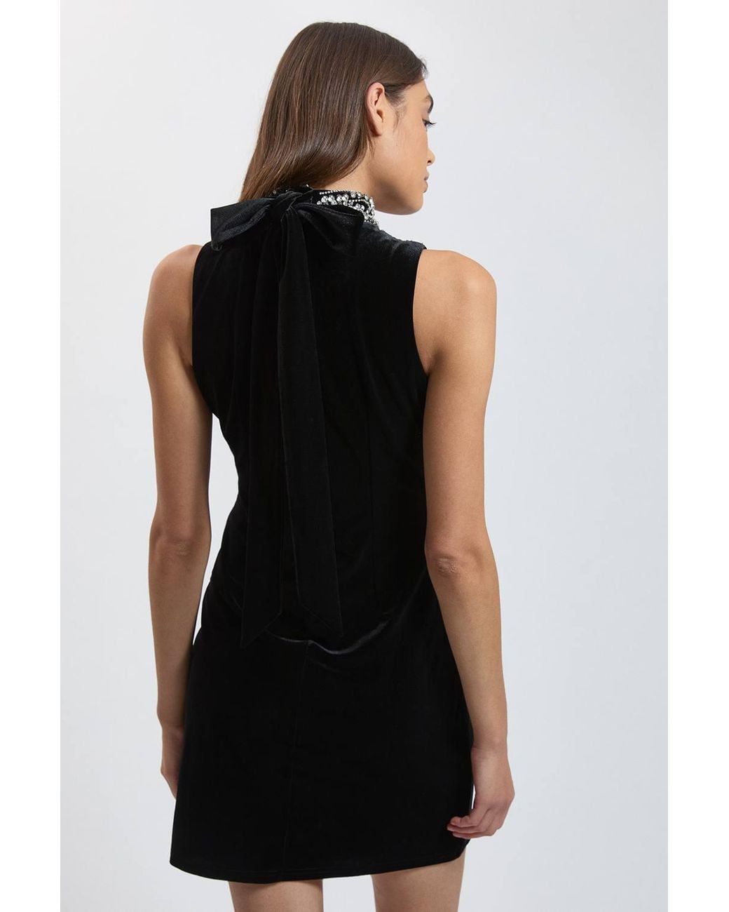 Karen Millen Black Crystal Trim Velvet Mini Dress With High Neck