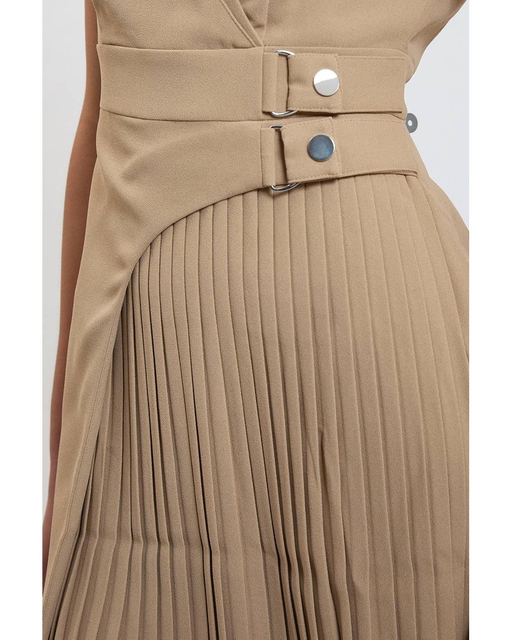 Karen Millen Natural Forever Tailored Crepe Military Pleat Notch Neck Wrap Mini Dress