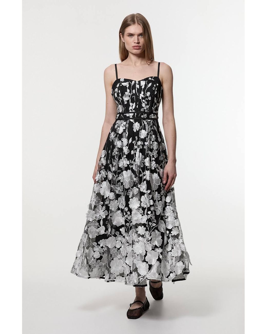 Karen Millen White Floral Applique Corset Detail Woven Midi Dress