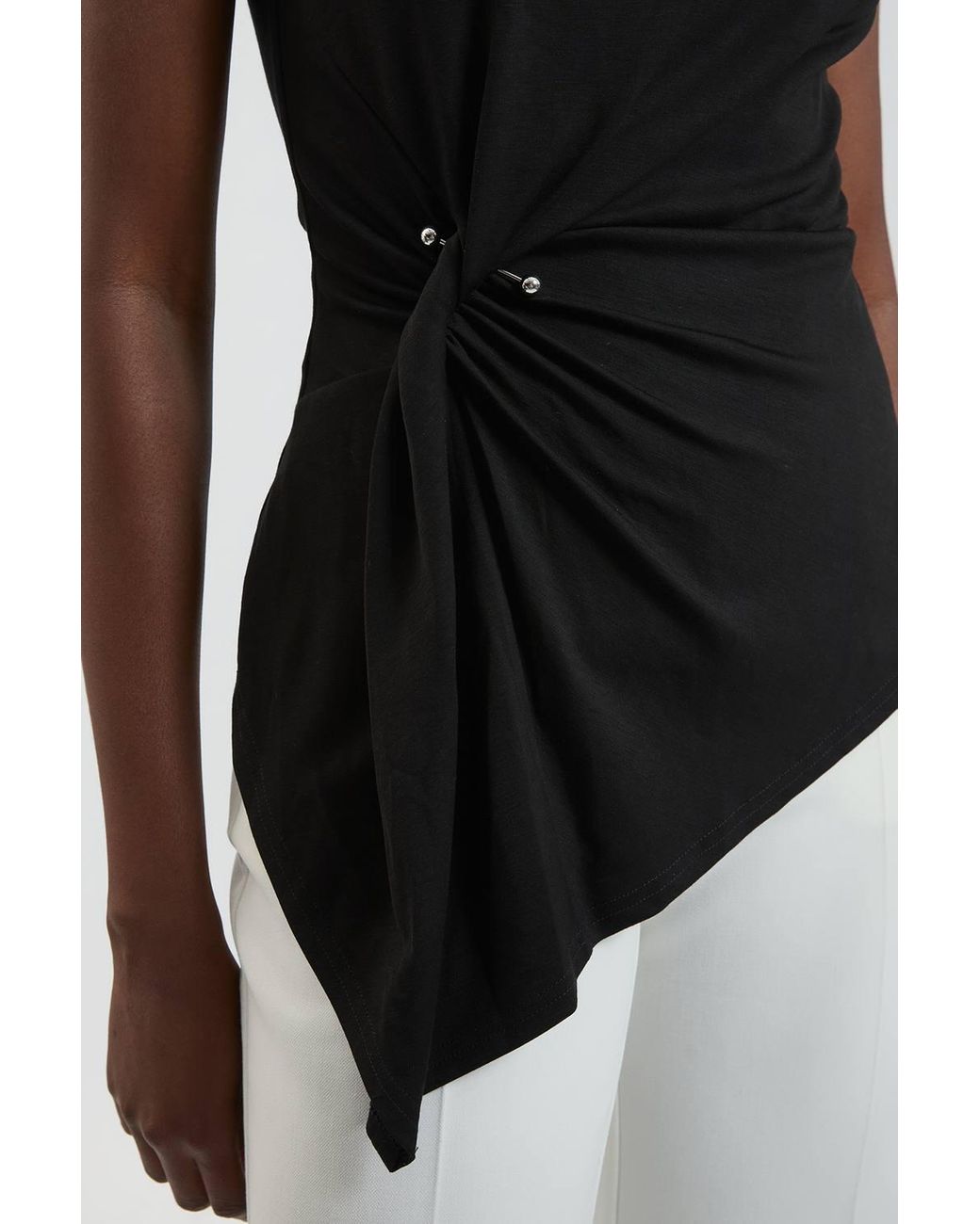 Karen Millen Black Viscose Metal Clasp Detail Jersey Top With Asymmetrical Hem