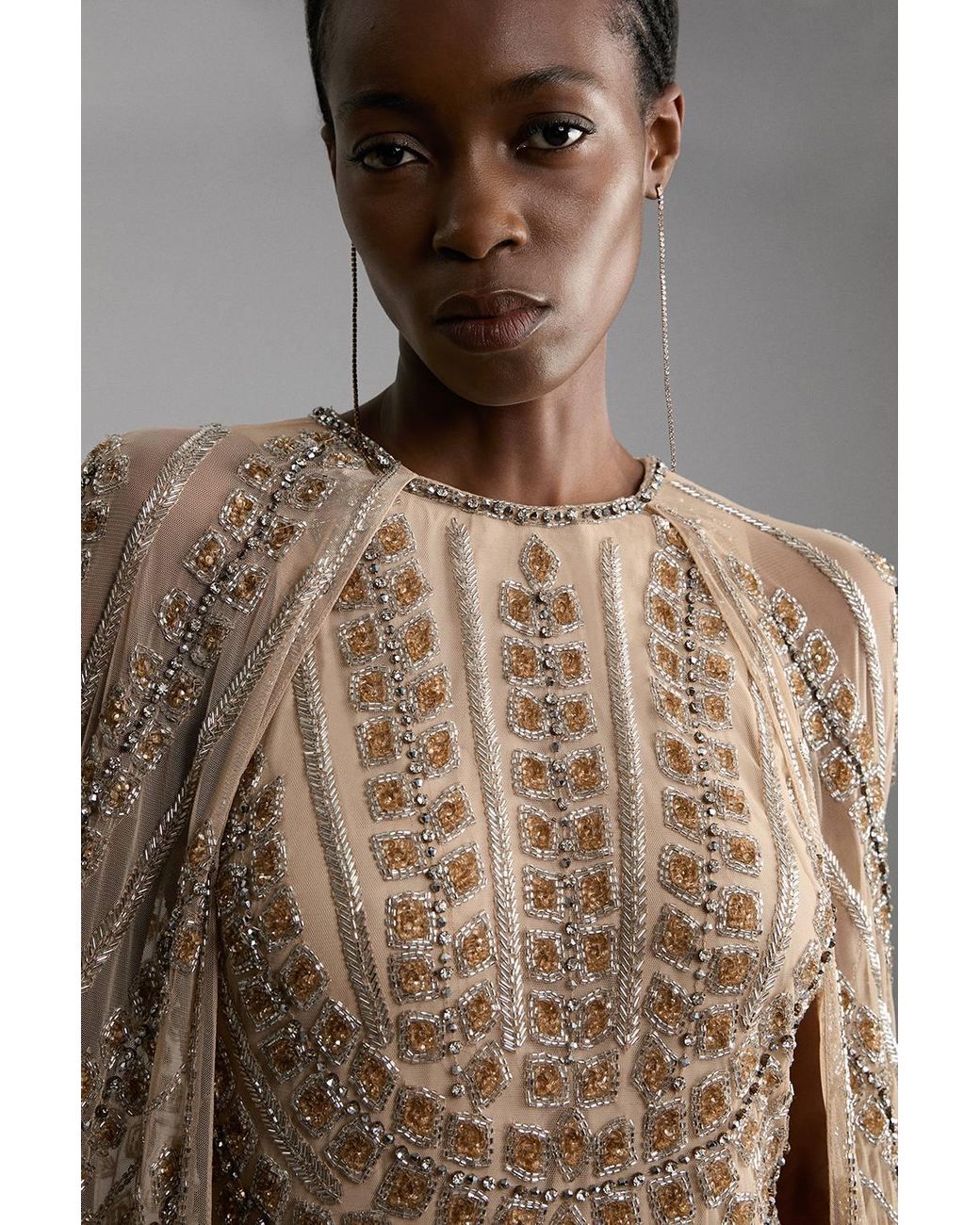 Karen Millen Brown Petite Premium Embellished Cape Maxi Dress