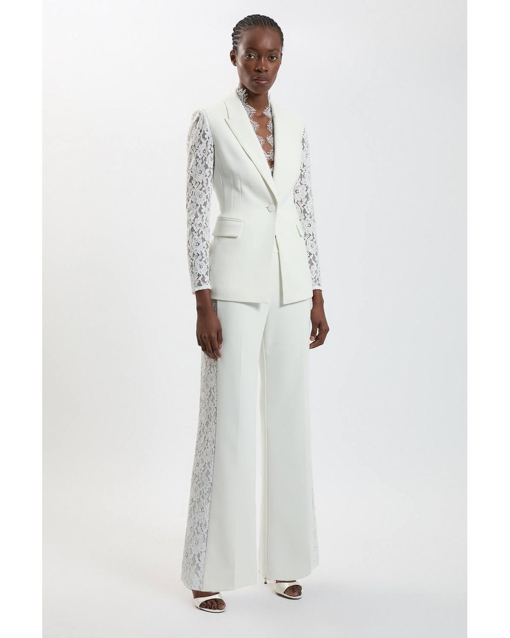 Karen Millen White Compact Stretch Lace Mix Tailored Wide Leg Trouser