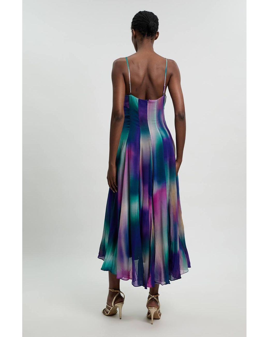 Karen Millen Blue Crinkle Georgette Strappy Blur Print Woven Midi Dress