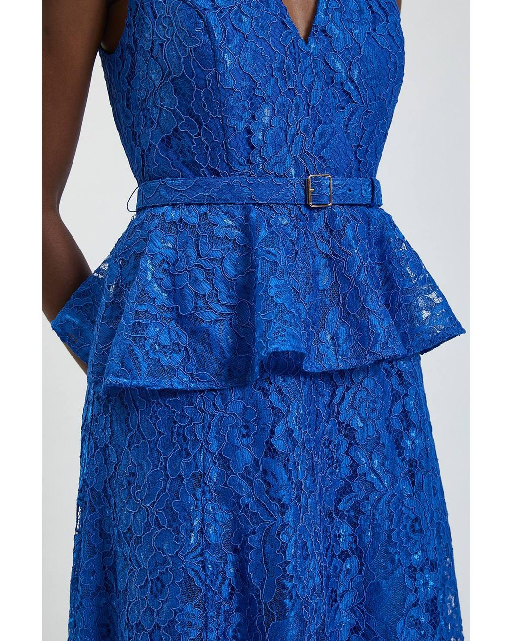 Karen Millen Blue Peplum Detail Belted Lace Midi Dress