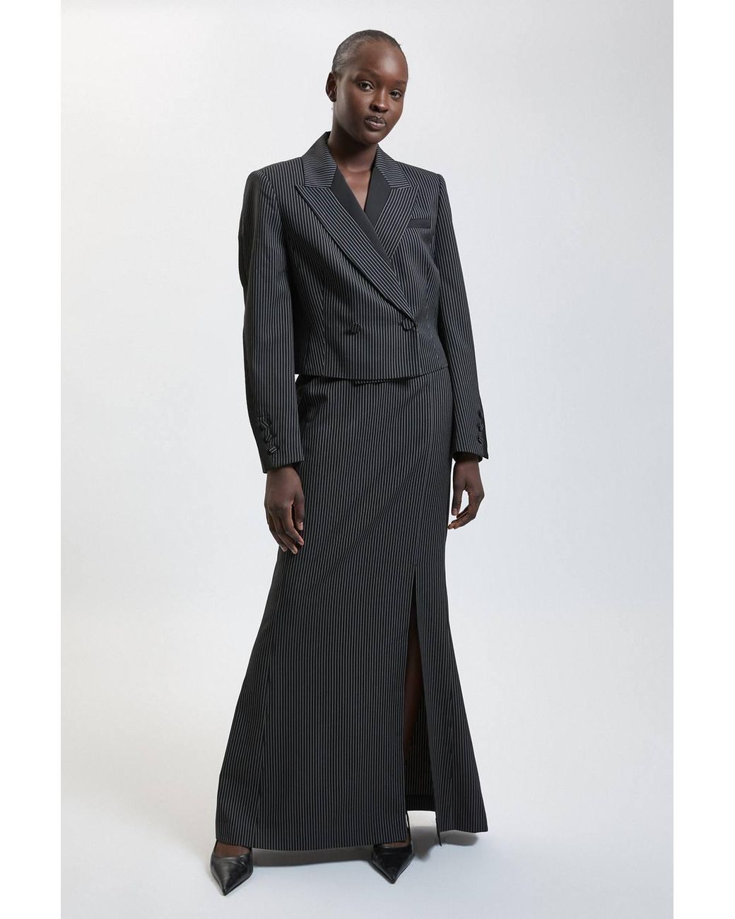 Karen Millen Black Pinstripe Satin Mix Tailored Maxi Skirt