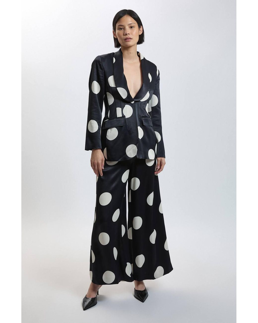 Karen Millen White Petite Tailored Satin Printed Polka Dot Trouser