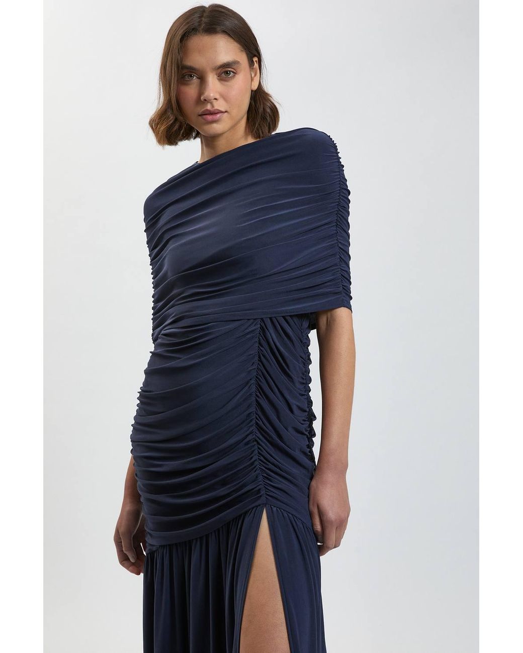 Karen Millen Blue Drapey Crepe Maxi Dress With Gathered Cape Detail