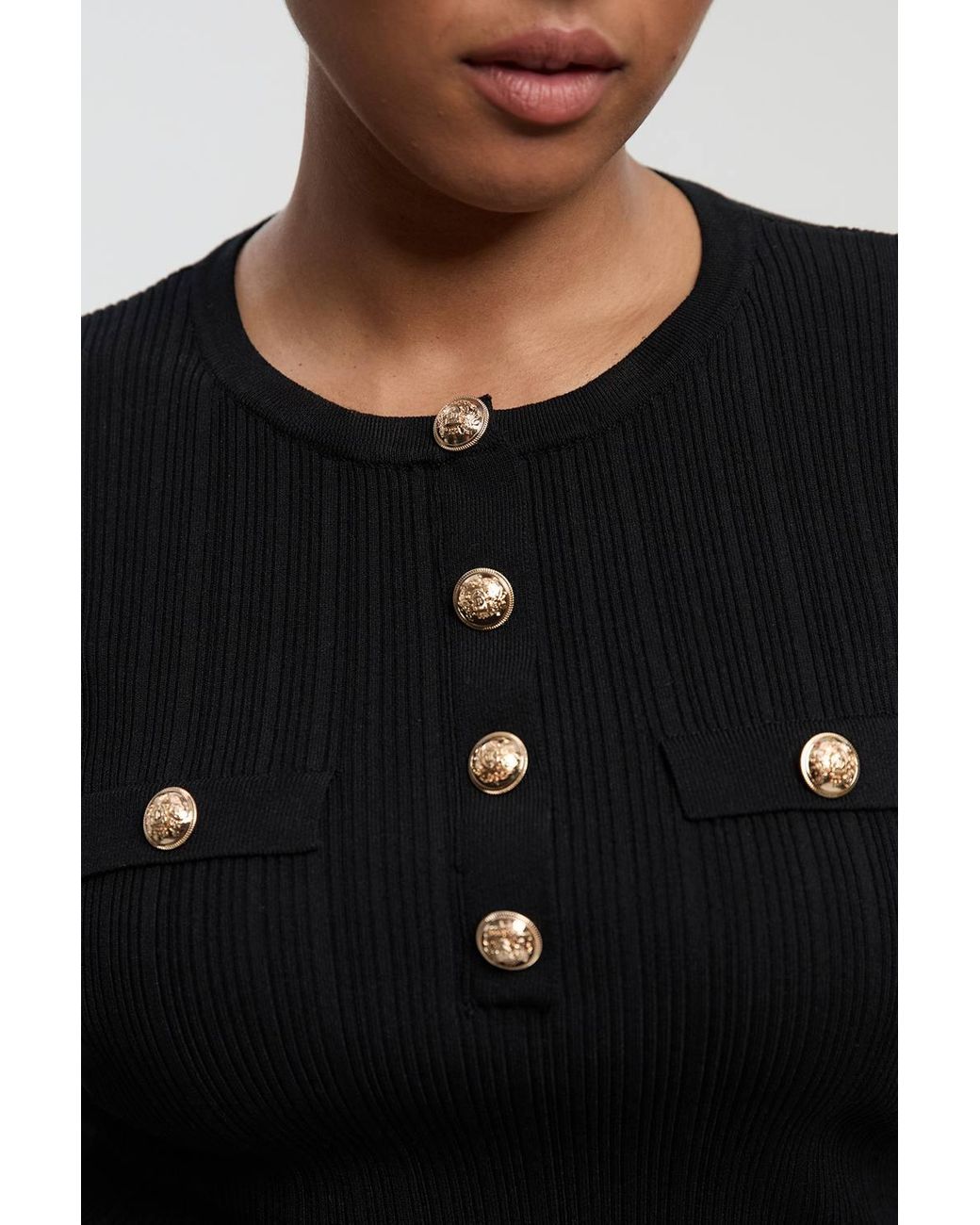 Karen Millen Black Plus Size Forever Military Trim Rib Long Sleeve Knit Top