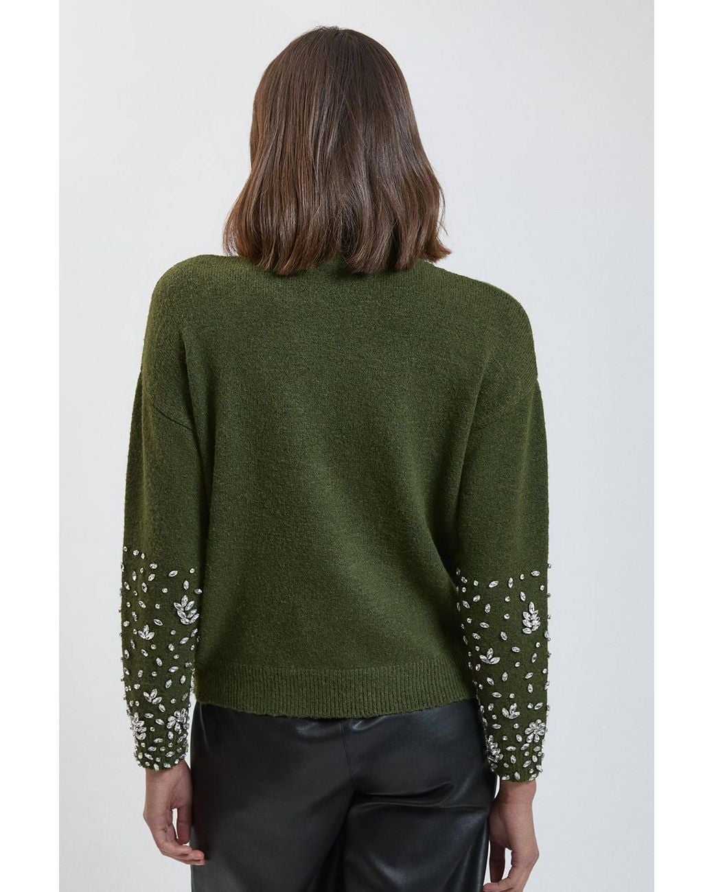 Karen Millen Green Wool Blend Embellished Cosy Knitted High Neck Jumper