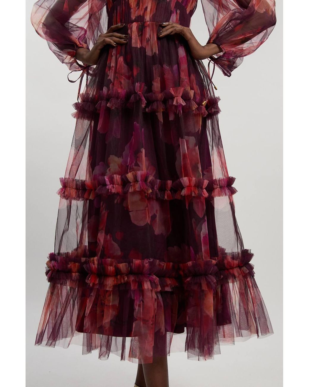 Karen Millen Red Floral Tulle Balloon Sleeve Plunge Woven Maxi Dress