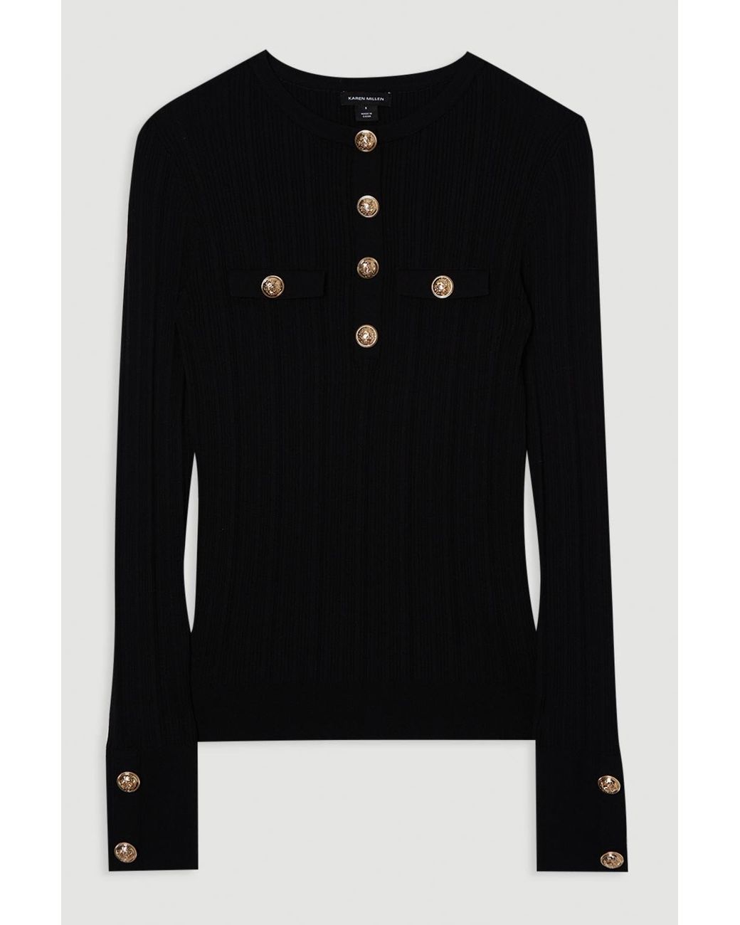 Karen Millen Blue Forever Military Trim Rib Long Sleeve Knit Top