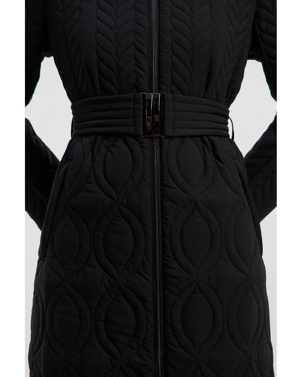 Karen Millen Black Multi Stitch Detail Belted Padded Midi Coat
