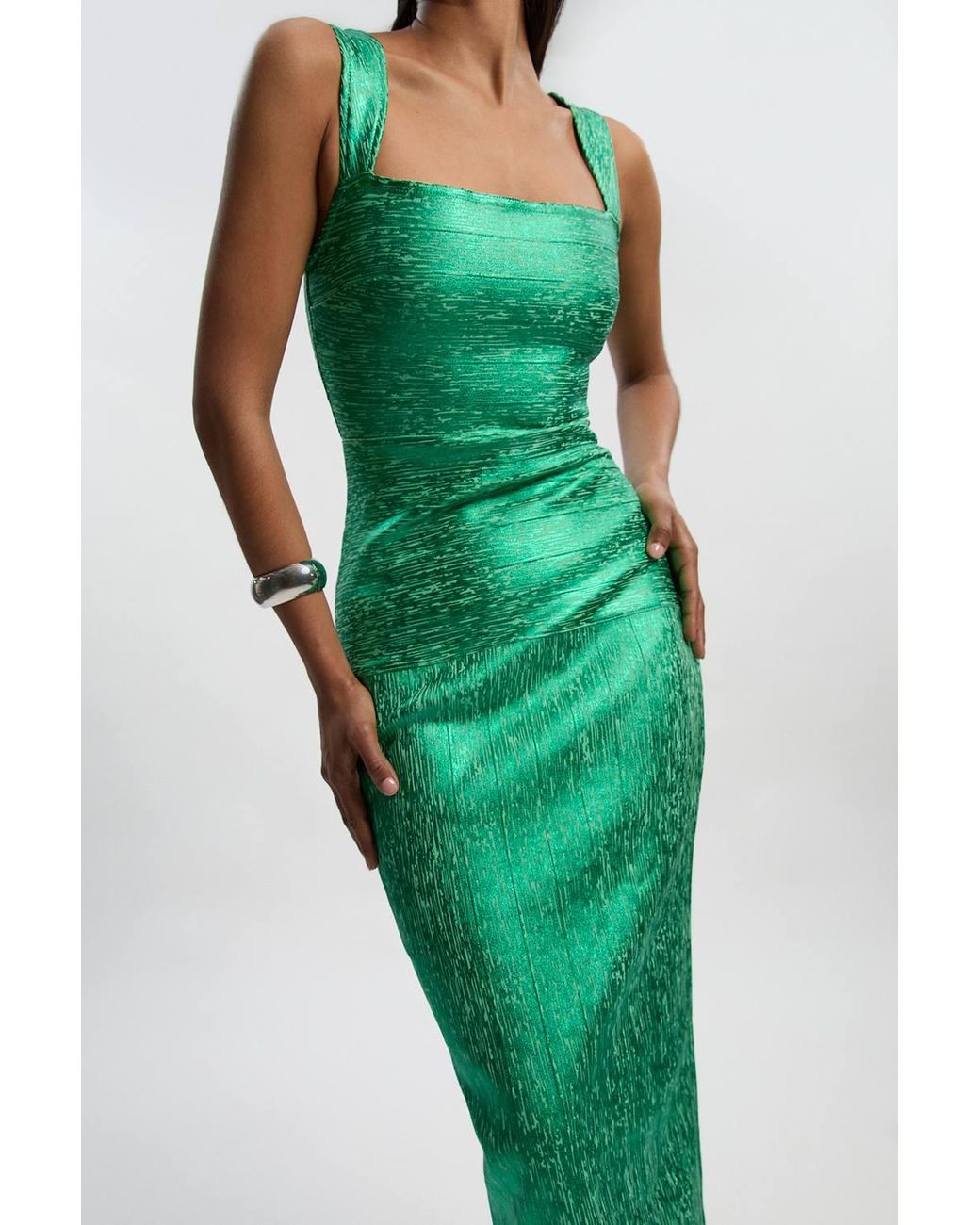 Karen Millen Green Foil Metallic Figure Form Bandage Strappy Knit Maxi Dress