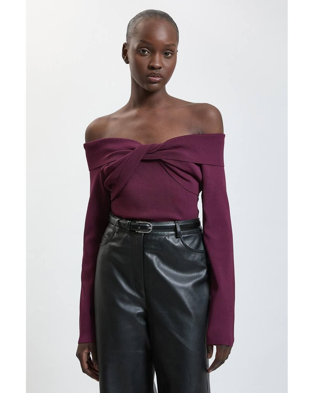 Karen Millen Red Twist Front Viscose Knitted Bardot Top