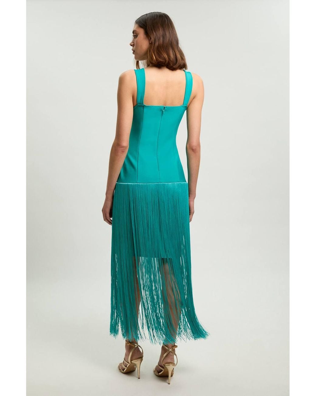 Karen Millen Blue Petite Figure Form Bandage Strappy Tassel Hem Knitted Dress