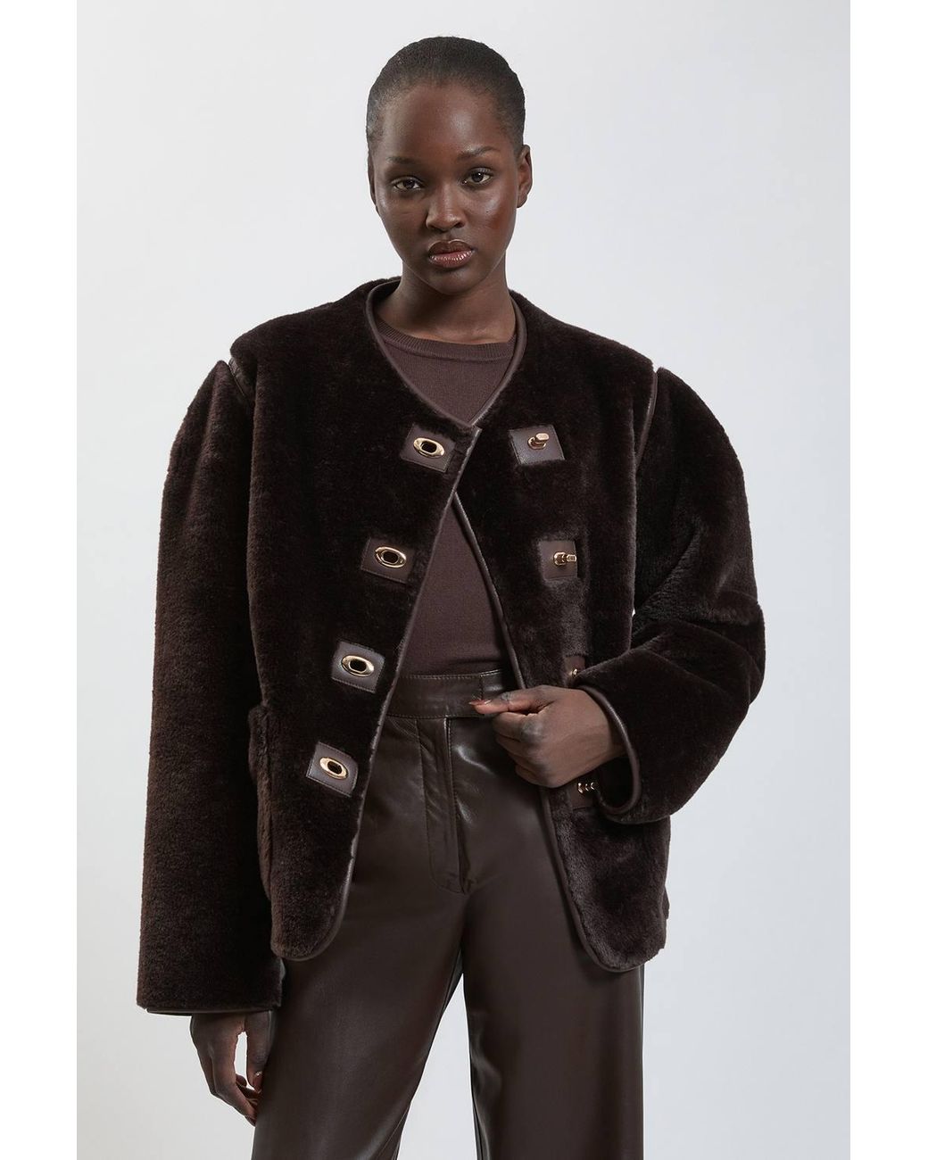 Karen Millen Black Faux Fur Tipped Turnlock Coat