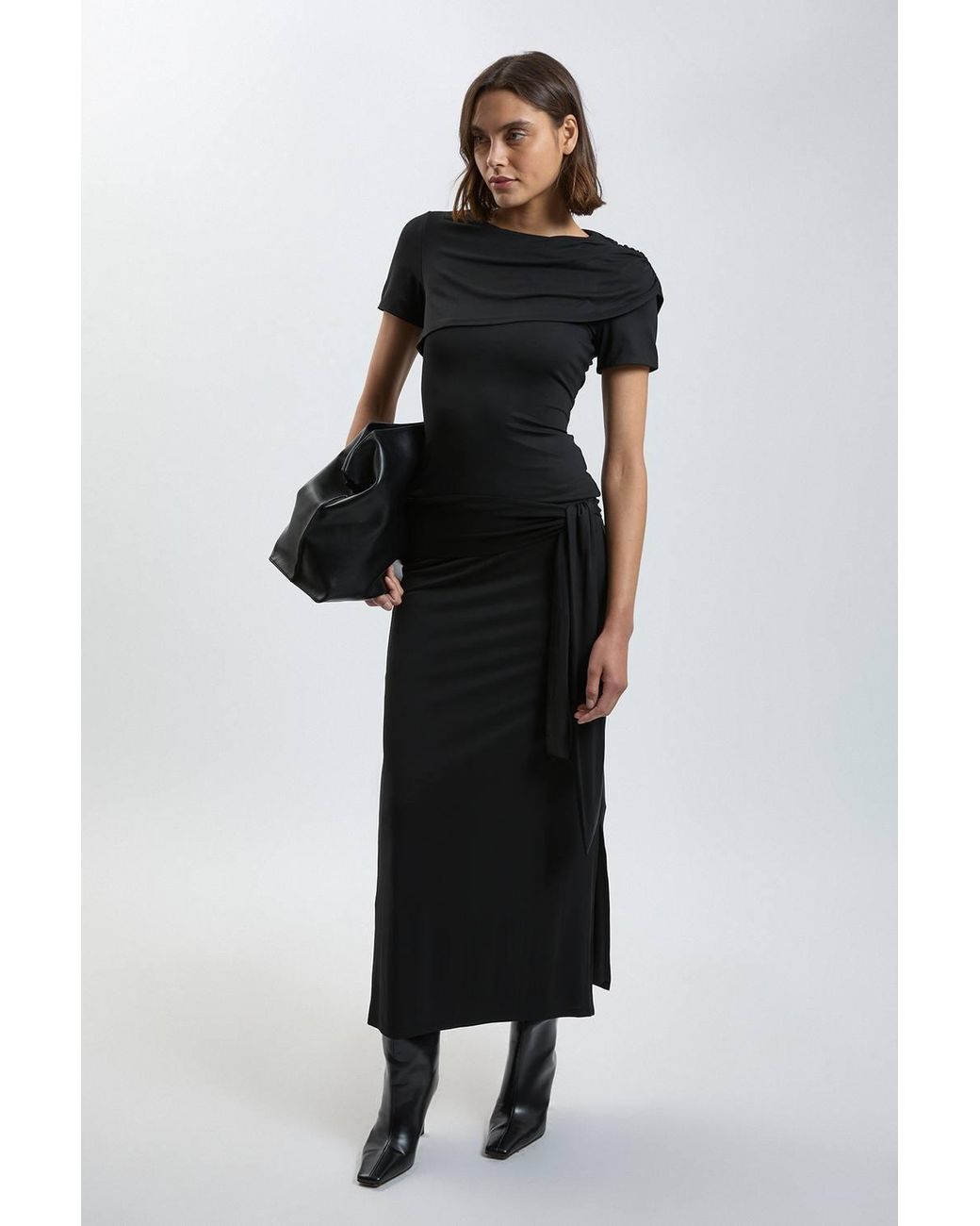 Karen Millen Black Viscose Jersey Tie Waist Midi Skirt