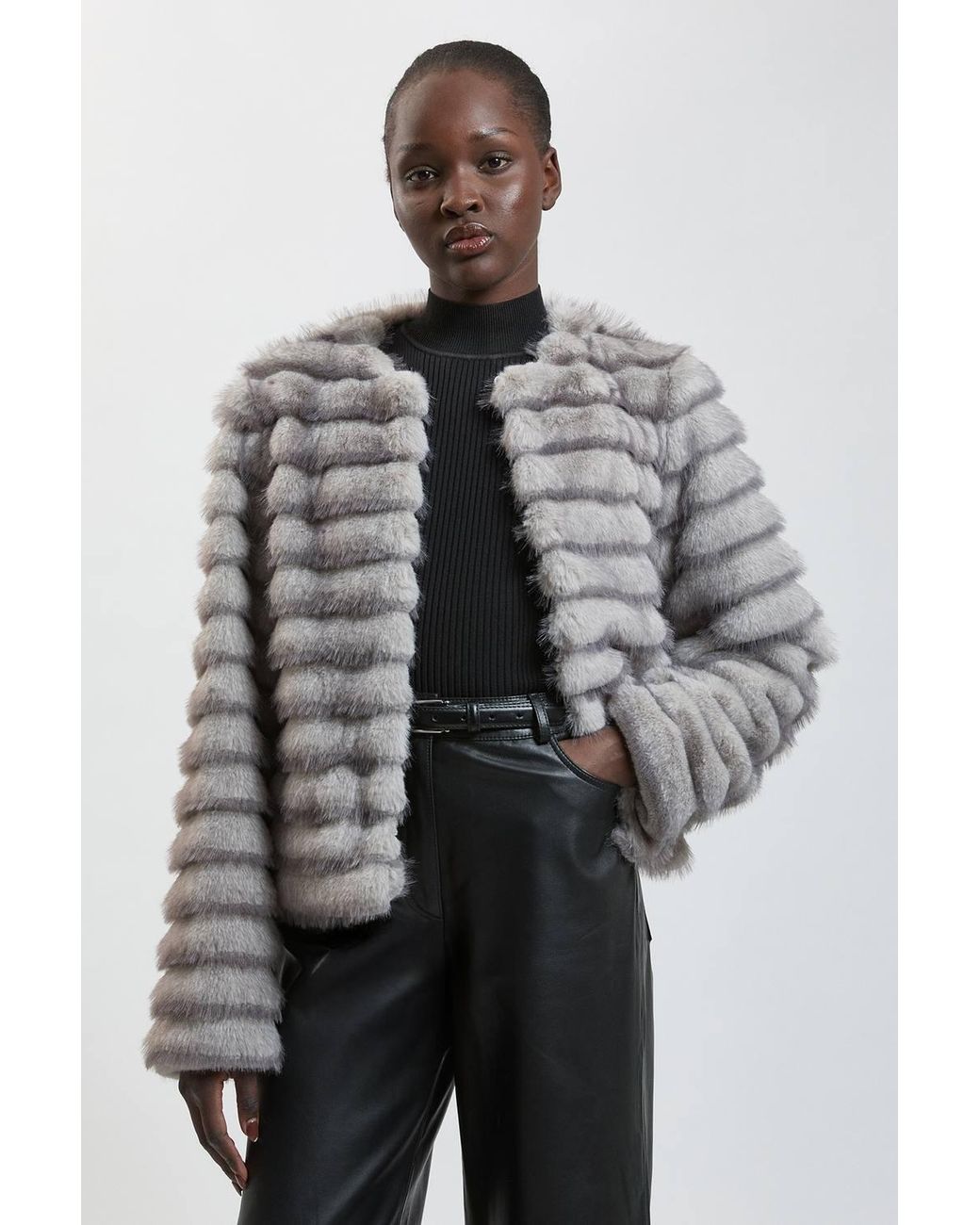 Karen Millen Gray Faux Fur Panelled Long Sleeve Jacket