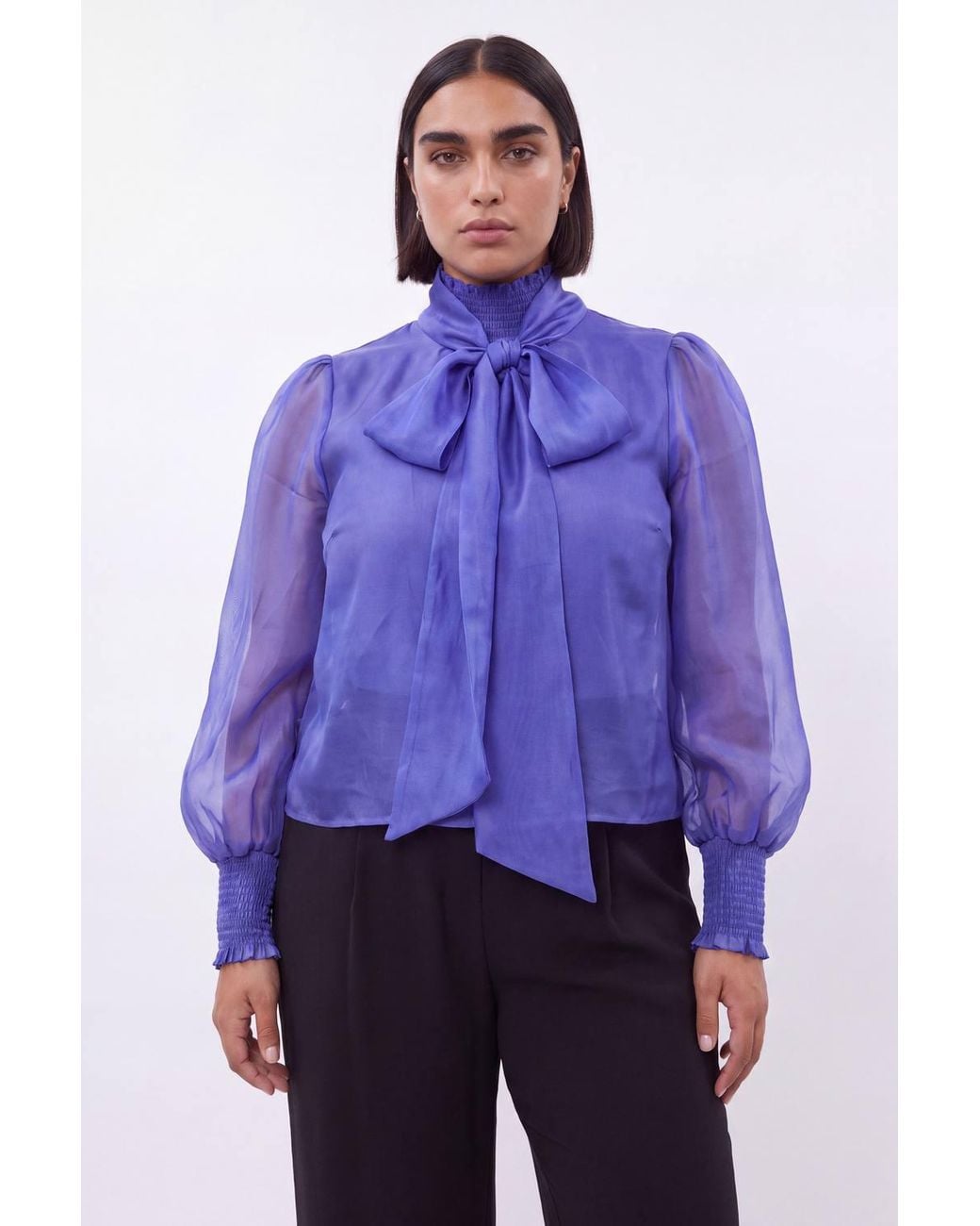 Karen Millen Blue Plus Size High Neck Ruched Detail Blouse