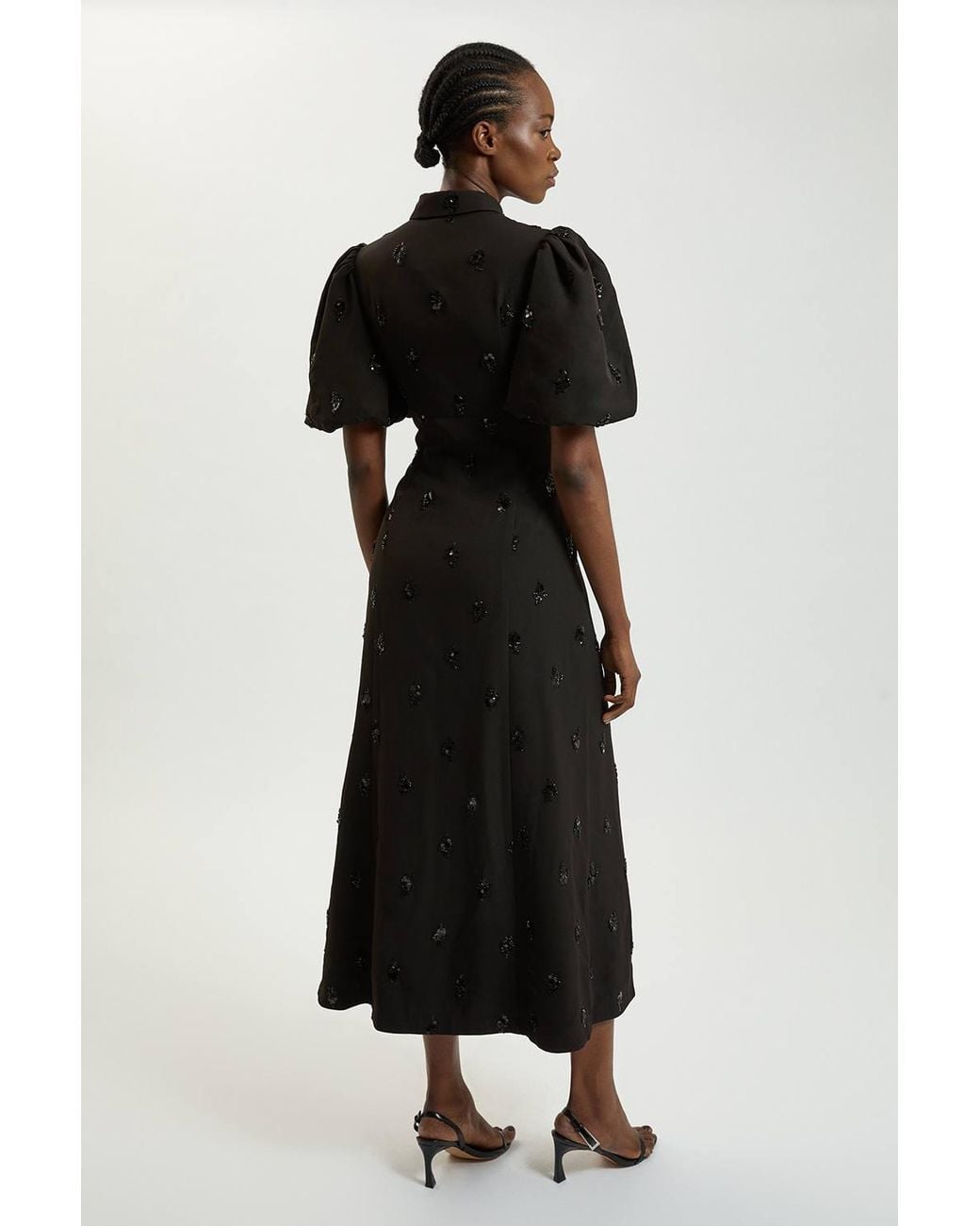 Karen Millen Black Embellished Short Sleeve Woven Midi Dress