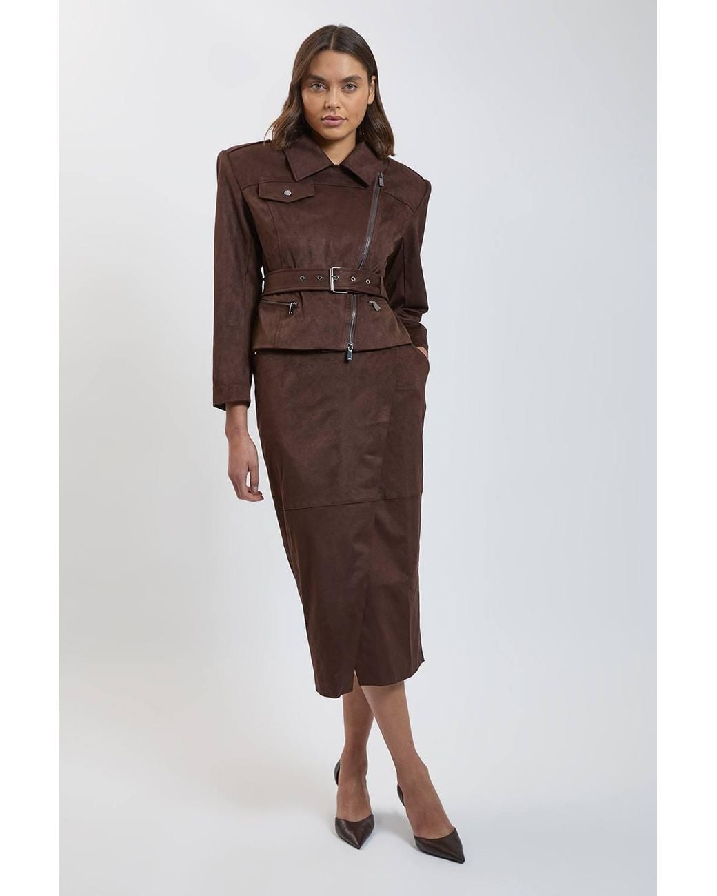 Karen Millen Brown Faux Leather Collared Belted Jacket