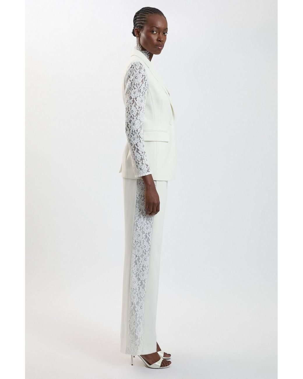Karen Millen White Compact Stretch Lace Mix Tailored Wide Leg Trouser
