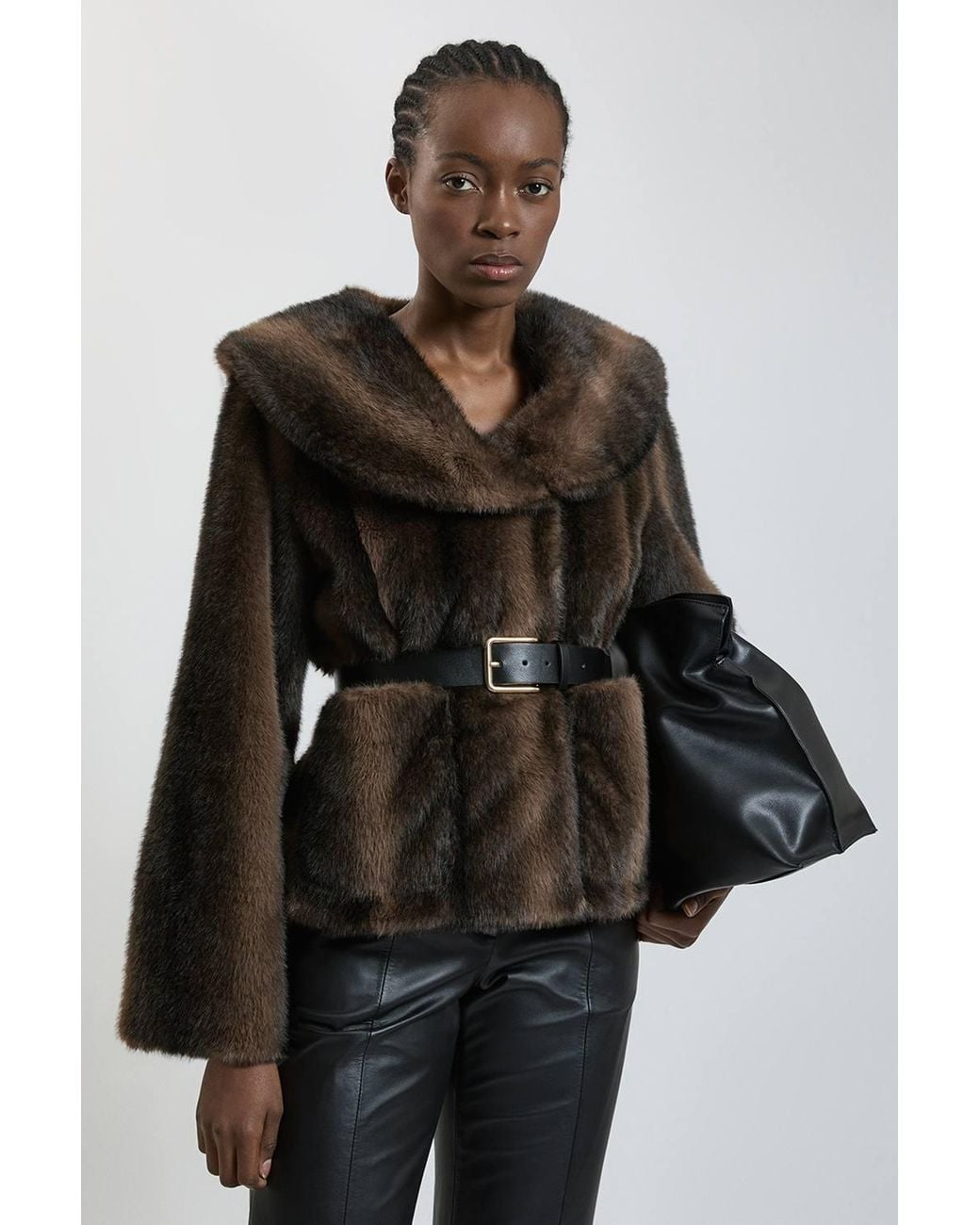 Karen Millen Black Faux Fur Oversize Collar Belted Short Coat