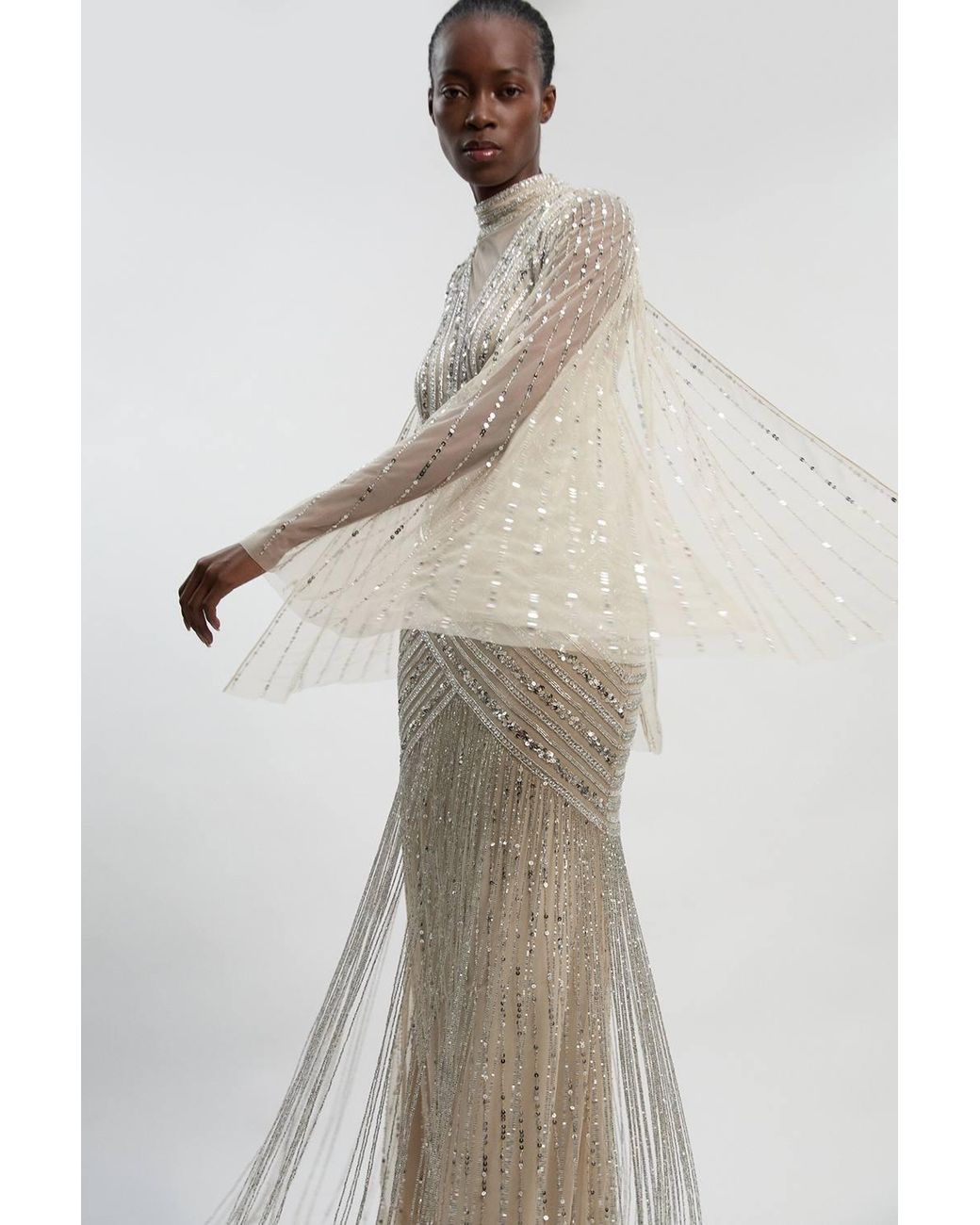 Karen Millen Natural Petite Embellished Woven Maxi Dress With Cape Sleeve