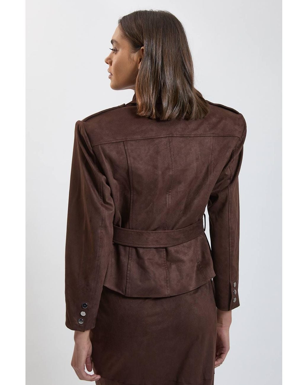 Karen Millen Brown Faux Leather Collared Belted Jacket