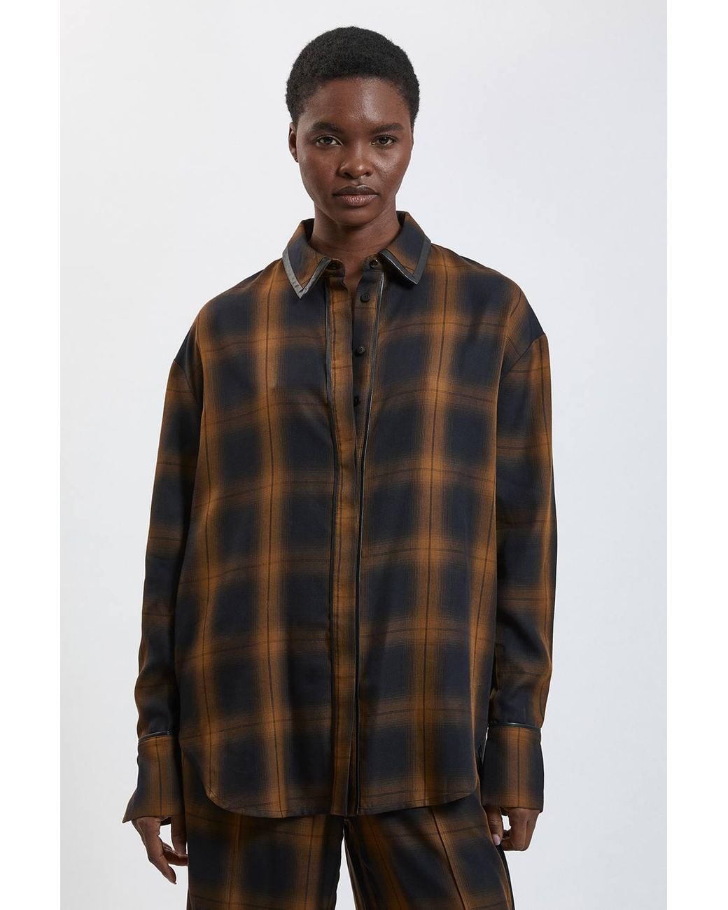 Karen Millen Black Check Pu Trim Detail Collared Shirt