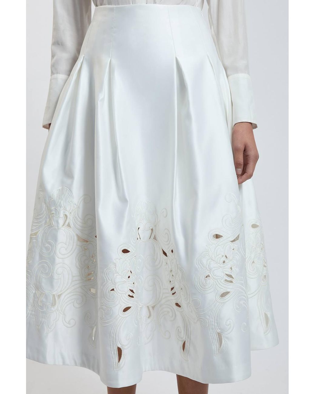 Karen Millen White Tailored Satin Cutwork Full Skirt