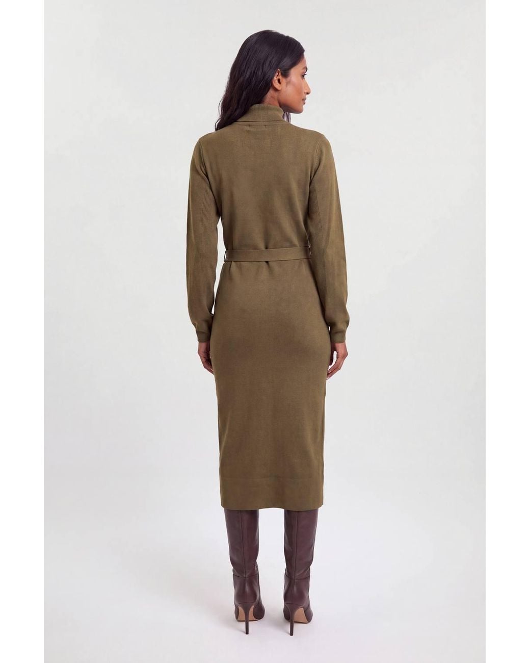 Karen Millen Green Petite Slinky Drape Knitted Banana Sleeve Funnel Neck Midi Dress
