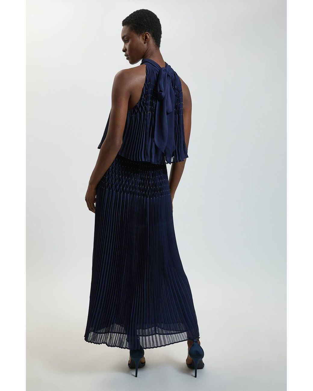 Karen Millen Blue Pleated Bead Detail Halterneck Maxi Dress