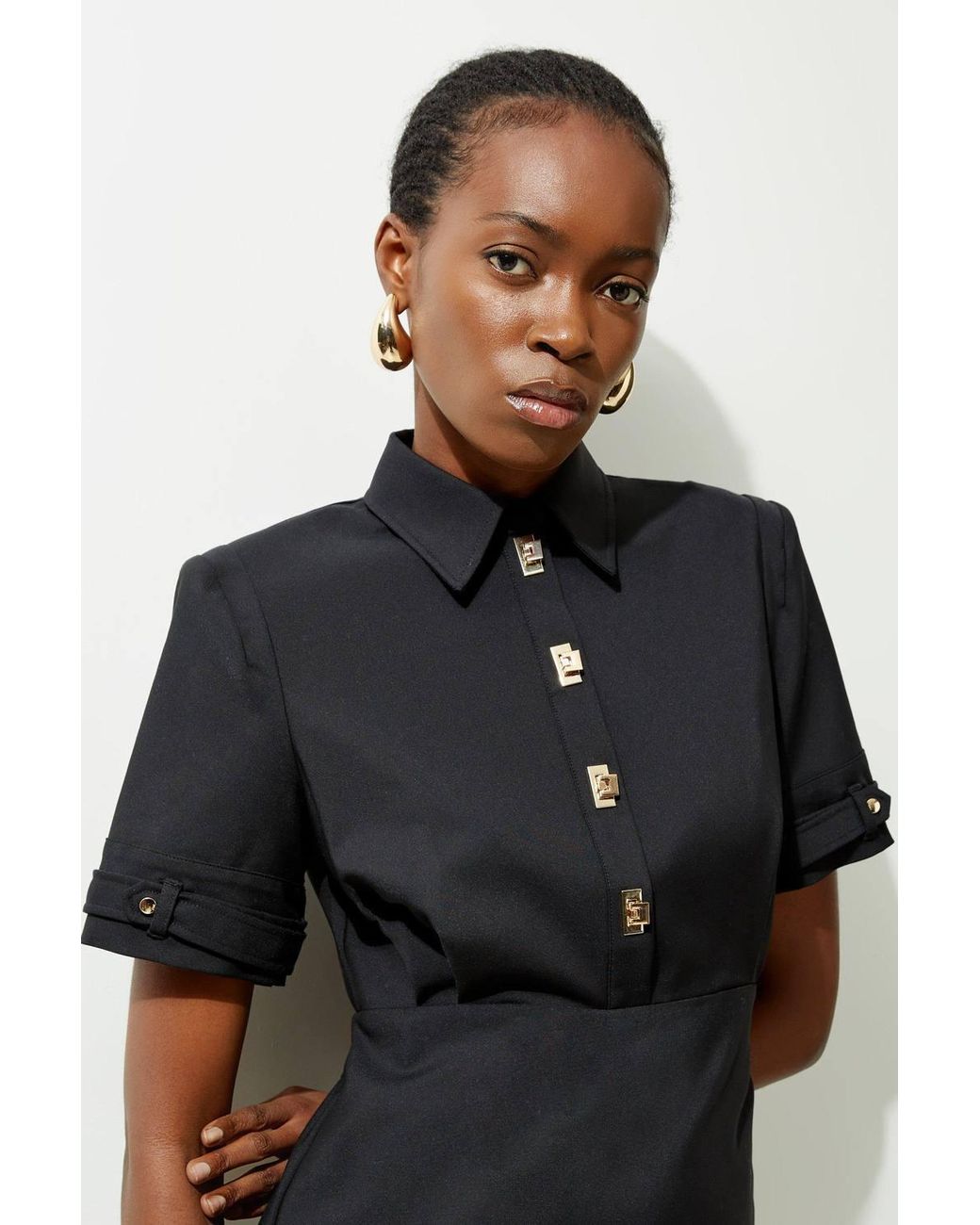 Karen Millen Black Essential Techno Shirt Sleeve Woven Shirt Dress With Hardware
