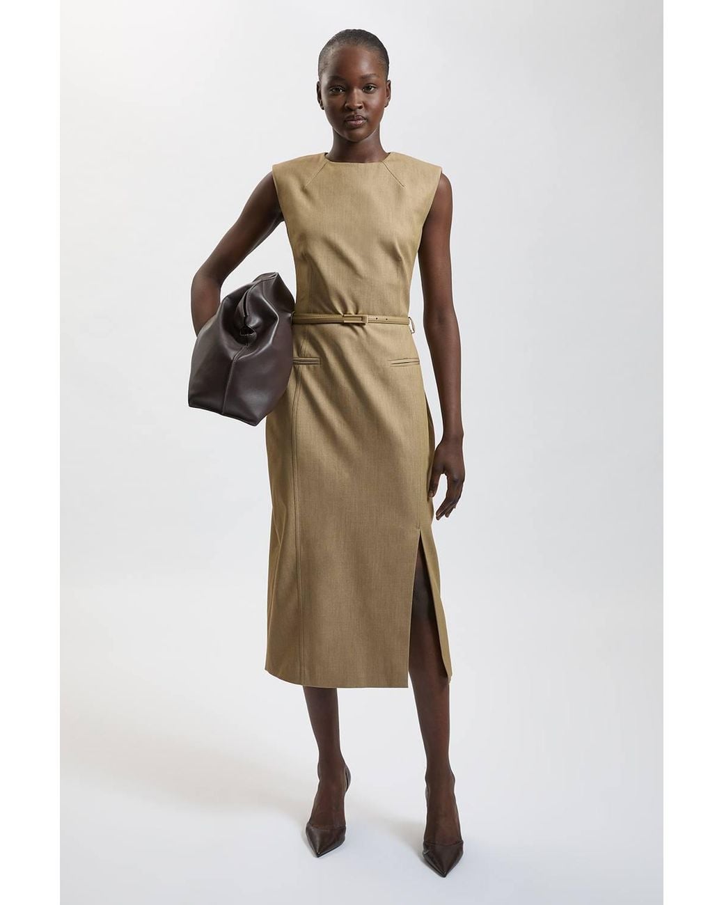 Karen Millen Metallic Tailored Belted Midi Skirt Pencil Dress