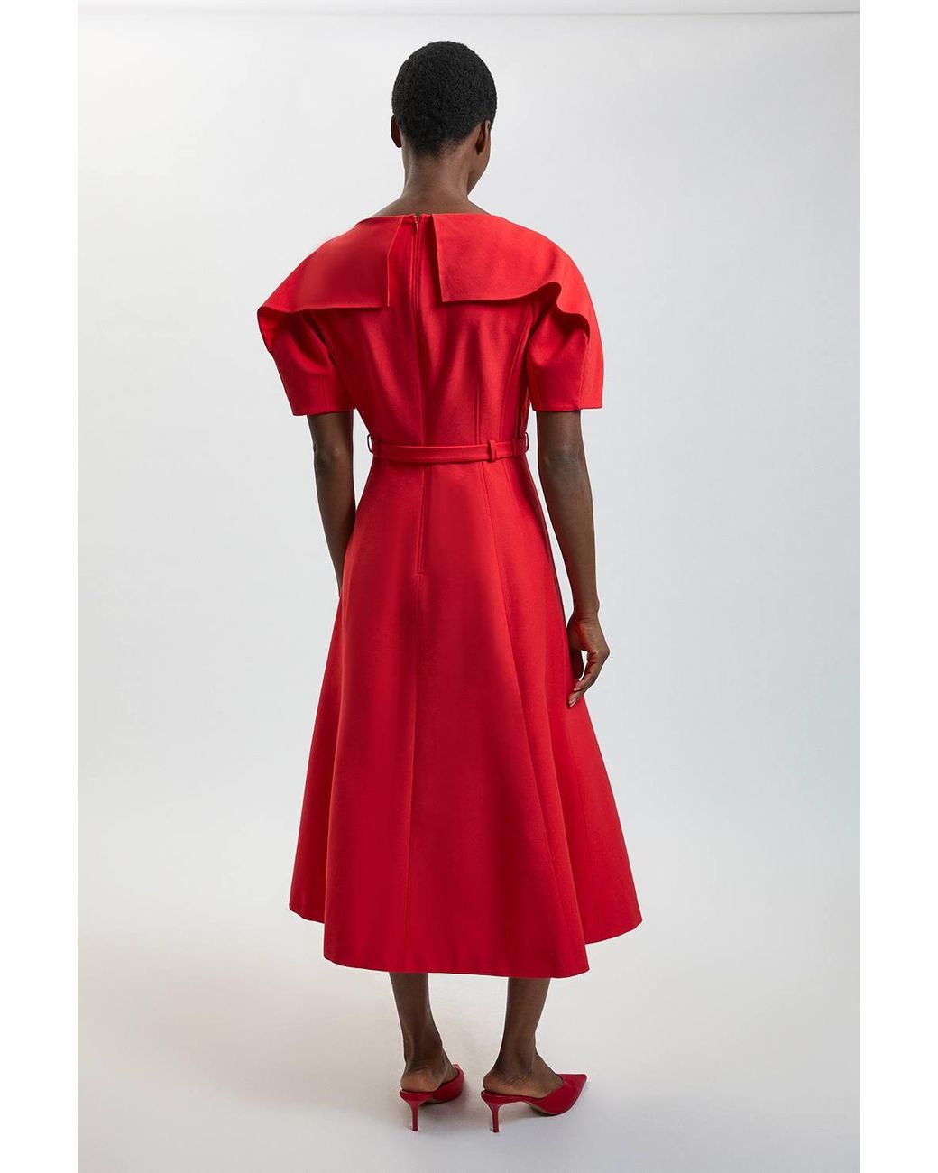 Karen Millen Red Polished Compact Rounded Full Skirted Midi Dress
