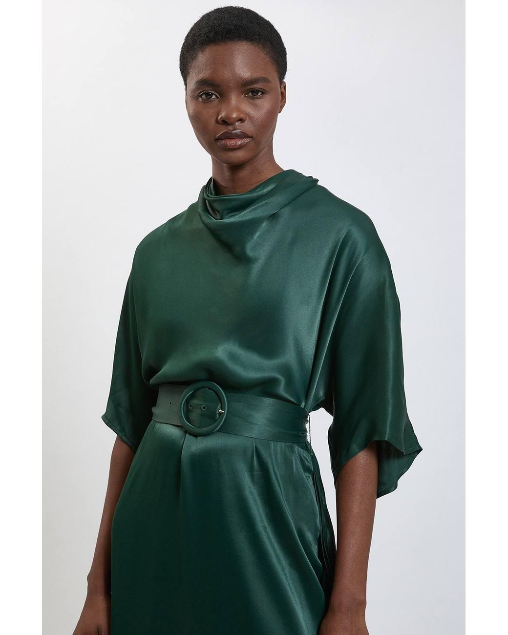 Karen Millen Green Viscose Satin Asymmetric Ruffle Midi Dress