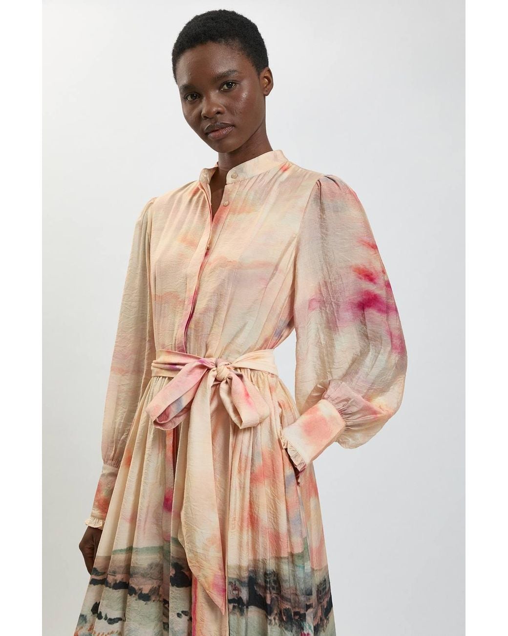 Karen Millen Multicolor Scenic Fluid Organza Belted Shirt Dress
